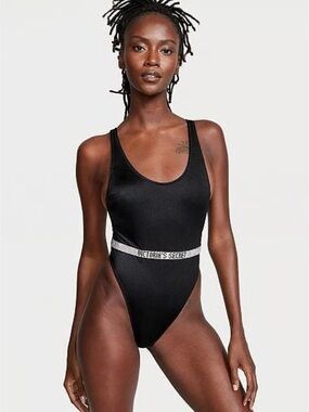Victoria's Secret Black One-Piece Swimsuit with Silver Logo Band